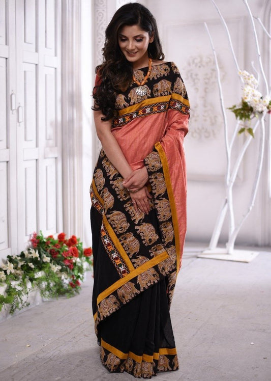 Wonderfull Black And Brown Color Kalamkari Printed Linen Saree.
